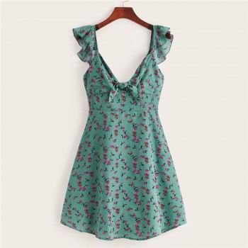 SHEIN Pink Boho Ditsy Floral Knot Neck Ruffle Trim Summer Dress Women Sweetheart V Neck Sleeveless High Waist Sexy Dress