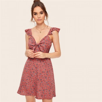 SHEIN Pink Boho Ditsy Floral Knot Neck Ruffle Trim Summer Dress Women Sweetheart V Neck Sleeveless High Waist Sexy Dress