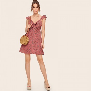 SHEIN Pink Boho Ditsy Floral Knot Neck Ruffle Trim Summer Dress Women Sweetheart V Neck Sleeveless High Waist Sexy Dress