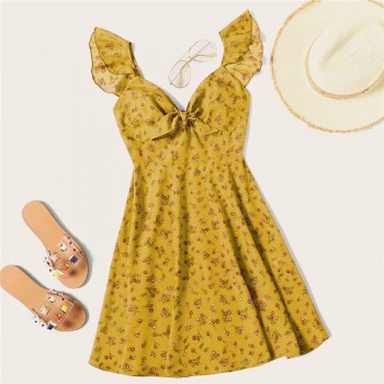 SHEIN Pink Boho Ditsy Floral Knot Neck Ruffle Trim Summer Dress Women Sweetheart V Neck Sleeveless High Waist Sexy Dress