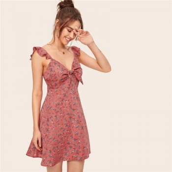 SHEIN Pink Boho Ditsy Floral Knot Neck Ruffle Trim Summer Dress Women Sweetheart V Neck Sleeveless High Waist Sexy Dress