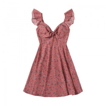 SHEIN Pink Boho Ditsy Floral Knot Neck Ruffle Trim Summer Dress Women Sweetheart V Neck Sleeveless High Waist Sexy Dress