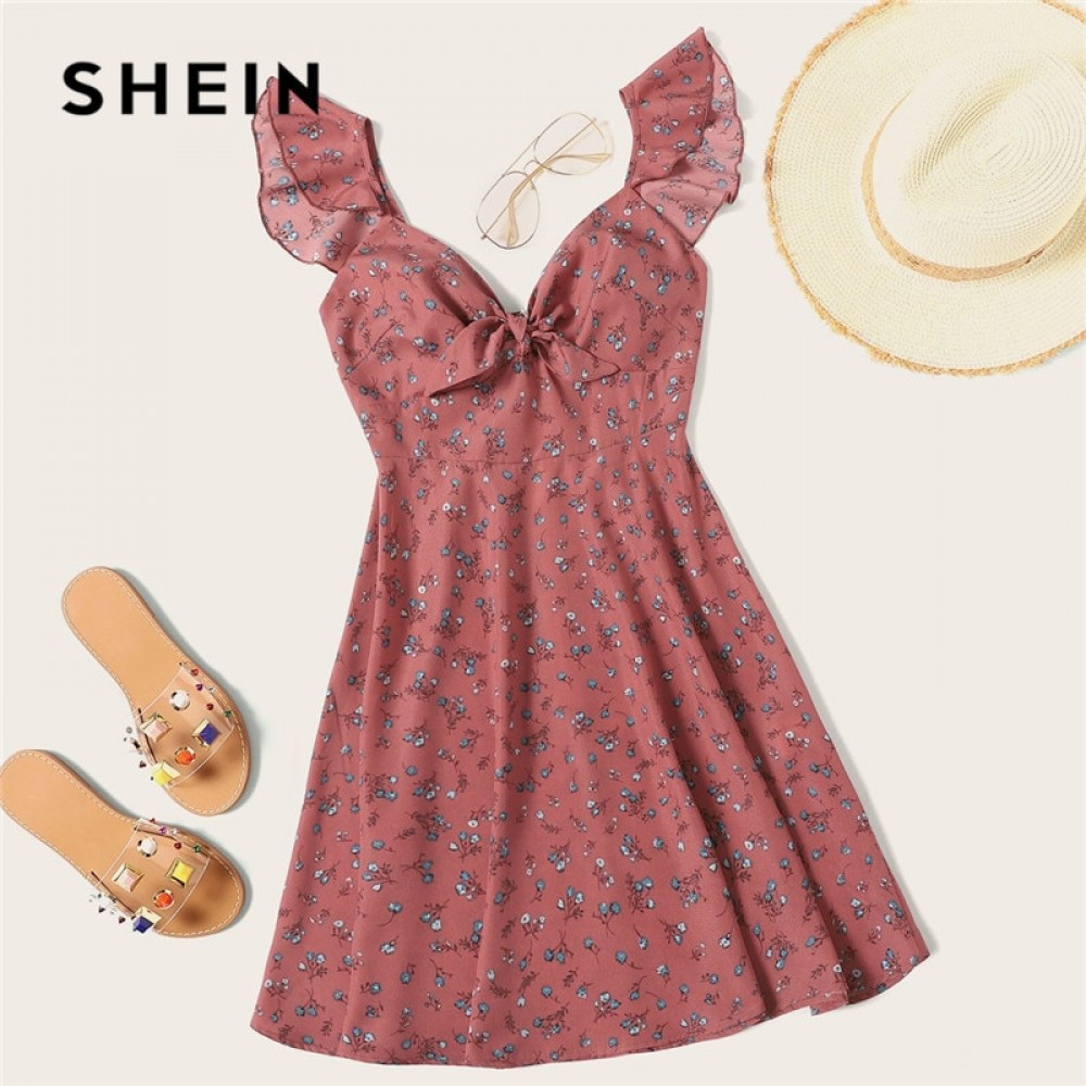 SHEIN Pink Boho Ditsy Floral Knot Neck Ruffle Trim Summer Dress Women Sweetheart V Neck Sleeveless High Waist Sexy Dress