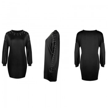 Winter Autumn Women Lantern Long Sleeve Pullover Shirt Dress Beading Pearl Sweater Mini Dress Vestido