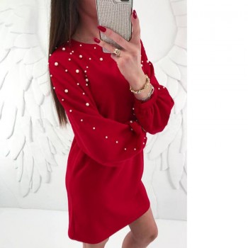 Winter Autumn Women Lantern Long Sleeve Pullover Shirt Dress Beading Pearl Sweater Mini Dress Vestido