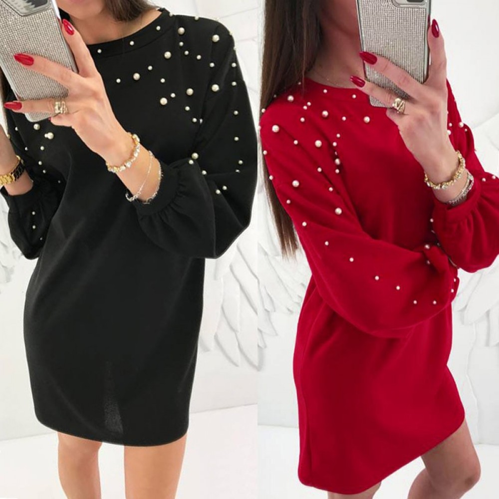 Winter Autumn Women Lantern Long Sleeve Pullover Shirt Dress Beading Pearl Sweater Mini Dress Vestido