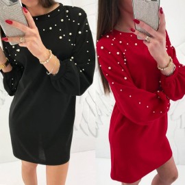Winter Autumn Women Lantern Long Sleeve Pullover Shirt Dress Beading Pearl Sweater Mini Dress Vestido