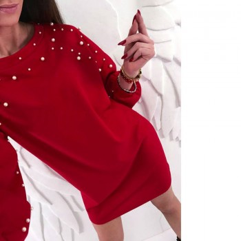 Winter Autumn Women Lantern Long Sleeve Pullover Shirt Dress Beading Pearl Sweater Mini Dress Vestido