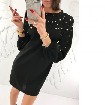 Winter Autumn Women Lantern Long Sleeve Pullover Shirt Dress Beading Pearl Sweater Mini Dress Vestido