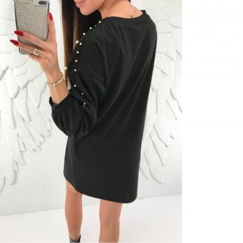 Winter Autumn Women Lantern Long Sleeve Pullover Shirt Dress Beading Pearl Sweater Mini Dress Vestido