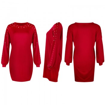 Winter Autumn Women Lantern Long Sleeve Pullover Shirt Dress Beading Pearl Sweater Mini Dress Vestido