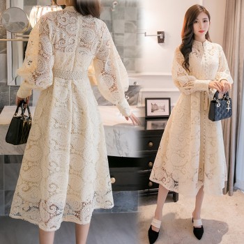 Braided belt high waist womans dress hollow out embroidery long-sleeve apricot vintage maxi dress autumn 2019 new