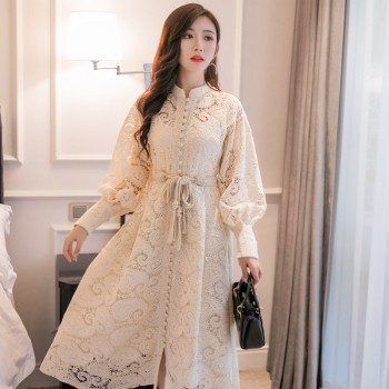 Braided belt high waist womans dress hollow out embroidery long-sleeve apricot vintage maxi dress autumn 2019 new