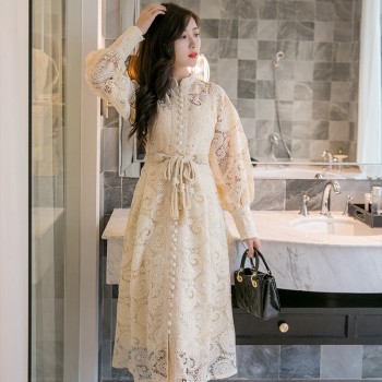 Braided belt high waist womans dress hollow out embroidery long-sleeve apricot vintage maxi dress autumn 2019 new