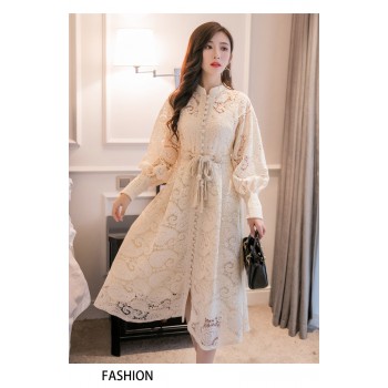 Braided belt high waist womans dress hollow out embroidery long-sleeve apricot vintage maxi dress autumn 2019 new