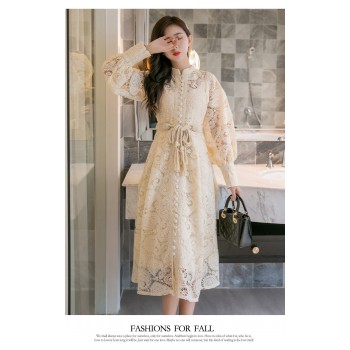 Braided belt high waist womans dress hollow out embroidery long-sleeve apricot vintage maxi dress autumn 2019 new