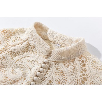 Braided belt high waist womans dress hollow out embroidery long-sleeve apricot vintage maxi dress autumn 2019 new