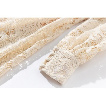 Braided belt high waist womans dress hollow out embroidery long-sleeve apricot vintage maxi dress autumn 2019 new