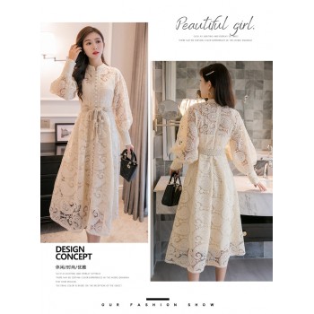 Braided belt high waist womans dress hollow out embroidery long-sleeve apricot vintage maxi dress autumn 2019 new