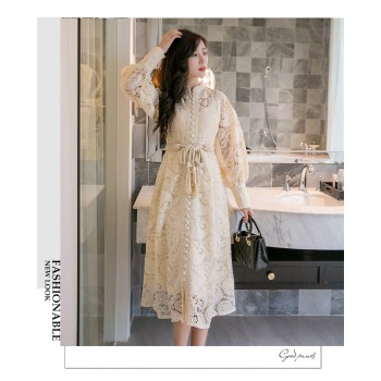 Braided belt high waist womans dress hollow out embroidery long-sleeve apricot vintage maxi dress autumn 2019 new