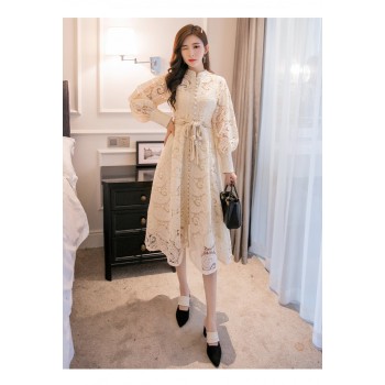 Braided belt high waist womans dress hollow out embroidery long-sleeve apricot vintage maxi dress autumn 2019 new
