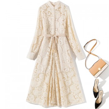 Braided belt high waist womans dress hollow out embroidery long-sleeve apricot vintage maxi dress autumn 2019 new