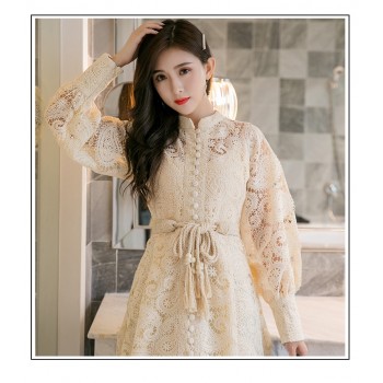 Braided belt high waist womans dress hollow out embroidery long-sleeve apricot vintage maxi dress autumn 2019 new