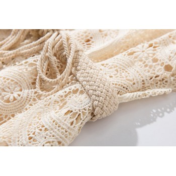 Braided belt high waist womans dress hollow out embroidery long-sleeve apricot vintage maxi dress autumn 2019 new