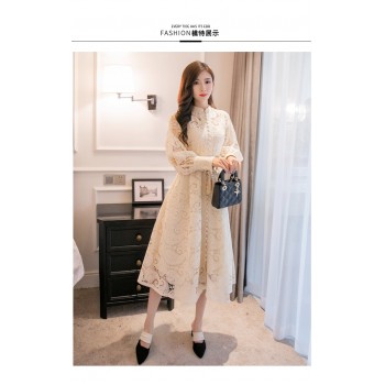 Braided belt high waist womans dress hollow out embroidery long-sleeve apricot vintage maxi dress autumn 2019 new