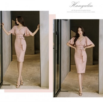 H Han Queen Summer Women Bow Sexy Pink Bodycon Pencil Sheath Retro Formal Wedding Evening Party Special Occasion Dress
