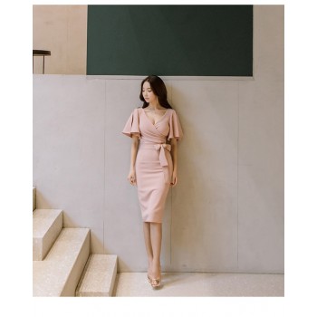 H Han Queen Summer Women Bow Sexy Pink Bodycon Pencil Sheath Retro Formal Wedding Evening Party Special Occasion Dress