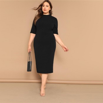 SHEIN Classy Black Plus Size Mock-neck Solid Pencil Slim Dress Women Spring Office Lady Bodycon Basics Plus Size Long Dresses