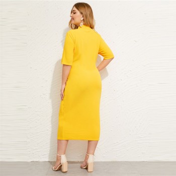 SHEIN Classy Black Plus Size Mock-neck Solid Pencil Slim Dress Women Spring Office Lady Bodycon Basics Plus Size Long Dresses