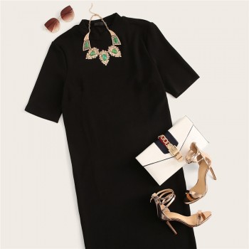SHEIN Classy Black Plus Size Mock-neck Solid Pencil Slim Dress Women Spring Office Lady Bodycon Basics Plus Size Long Dresses