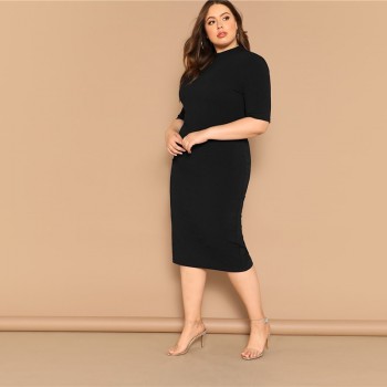 SHEIN Classy Black Plus Size Mock-neck Solid Pencil Slim Dress Women Spring Office Lady Bodycon Basics Plus Size Long Dresses