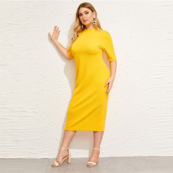 SHEIN Classy Black Plus Size Mock-neck Solid Pencil Slim Dress Women Spring Office Lady Bodycon Basics Plus Size Long Dresses