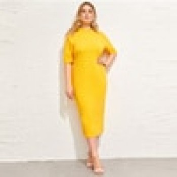 SHEIN Classy Black Plus Size Mock-neck Solid Pencil Slim Dress Women Spring Office Lady Bodycon Basics Plus Size Long Dresses