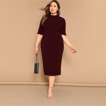 SHEIN Classy Black Plus Size Mock-neck Solid Pencil Slim Dress Women Spring Office Lady Bodycon Basics Plus Size Long Dresses