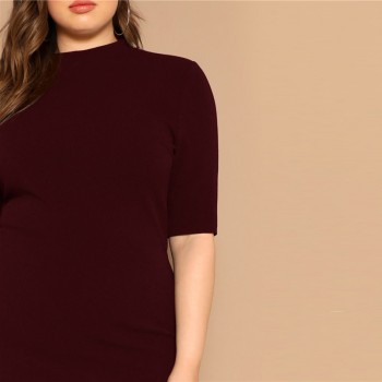 SHEIN Classy Black Plus Size Mock-neck Solid Pencil Slim Dress Women Spring Office Lady Bodycon Basics Plus Size Long Dresses