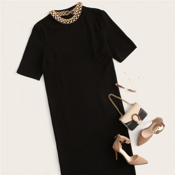 SHEIN Classy Black Plus Size Mock-neck Solid Pencil Slim Dress Women Spring Office Lady Bodycon Basics Plus Size Long Dresses