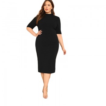 SHEIN Classy Black Plus Size Mock-neck Solid Pencil Slim Dress Women Spring Office Lady Bodycon Basics Plus Size Long Dresses
