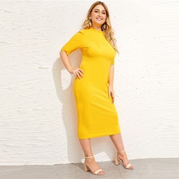 SHEIN Classy Black Plus Size Mock-neck Solid Pencil Slim Dress Women Spring Office Lady Bodycon Basics Plus Size Long Dresses