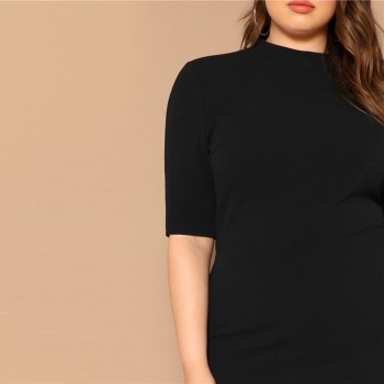 SHEIN Classy Black Plus Size Mock-neck Solid Pencil Slim Dress Women Spring Office Lady Bodycon Basics Plus Size Long Dresses