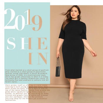 SHEIN Classy Black Plus Size Mock-neck Solid Pencil Slim Dress Women Spring Office Lady Bodycon Basics Plus Size Long Dresses