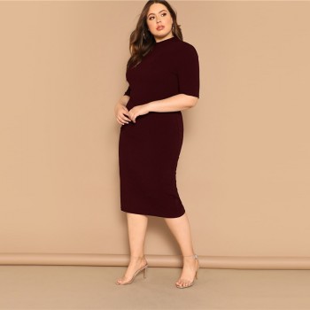 SHEIN Classy Black Plus Size Mock-neck Solid Pencil Slim Dress Women Spring Office Lady Bodycon Basics Plus Size Long Dresses