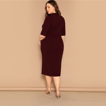 SHEIN Classy Black Plus Size Mock-neck Solid Pencil Slim Dress Women Spring Office Lady Bodycon Basics Plus Size Long Dresses