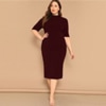 SHEIN Classy Black Plus Size Mock-neck Solid Pencil Slim Dress Women Spring Office Lady Bodycon Basics Plus Size Long Dresses