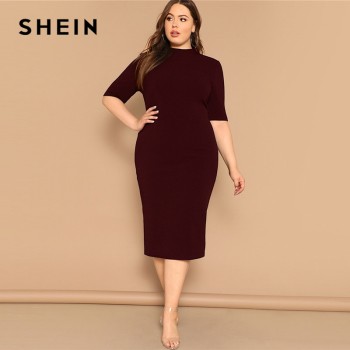SHEIN Classy Black Plus Size Mock-neck Solid Pencil Slim Dress Women Spring Office Lady Bodycon Basics Plus Size Long Dresses