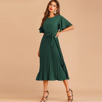 Sheinside Burgundy Button Keyhole Pleated Belted Dress Flounce Sleeve Women 2019 Spring Dresses Elegant Solid Ladies Dress