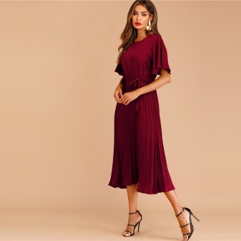 Sheinside Burgundy Button Keyhole Pleated Belted Dress Flounce Sleeve Women 2019 Spring Dresses Elegant Solid Ladies Dress